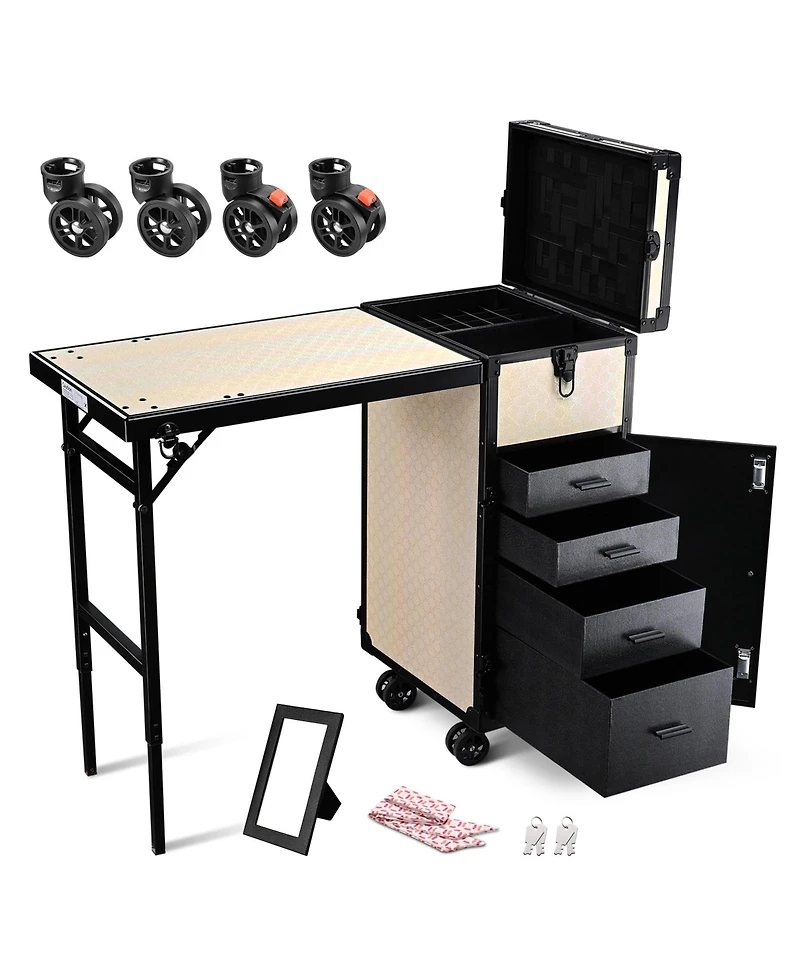 Byootique Rolling Makeup Train Case Nail Table w/ 4pcs Swivel Replacement Wheels