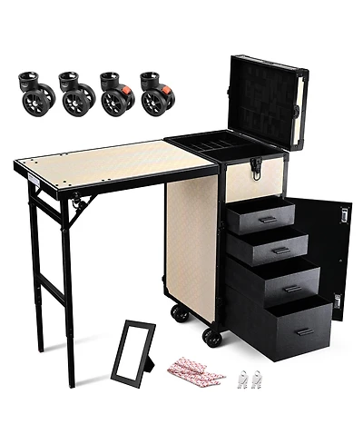 Byootique Rolling Makeup Train Case Nail Table w/ 4pcs Swivel Replacement Wheels