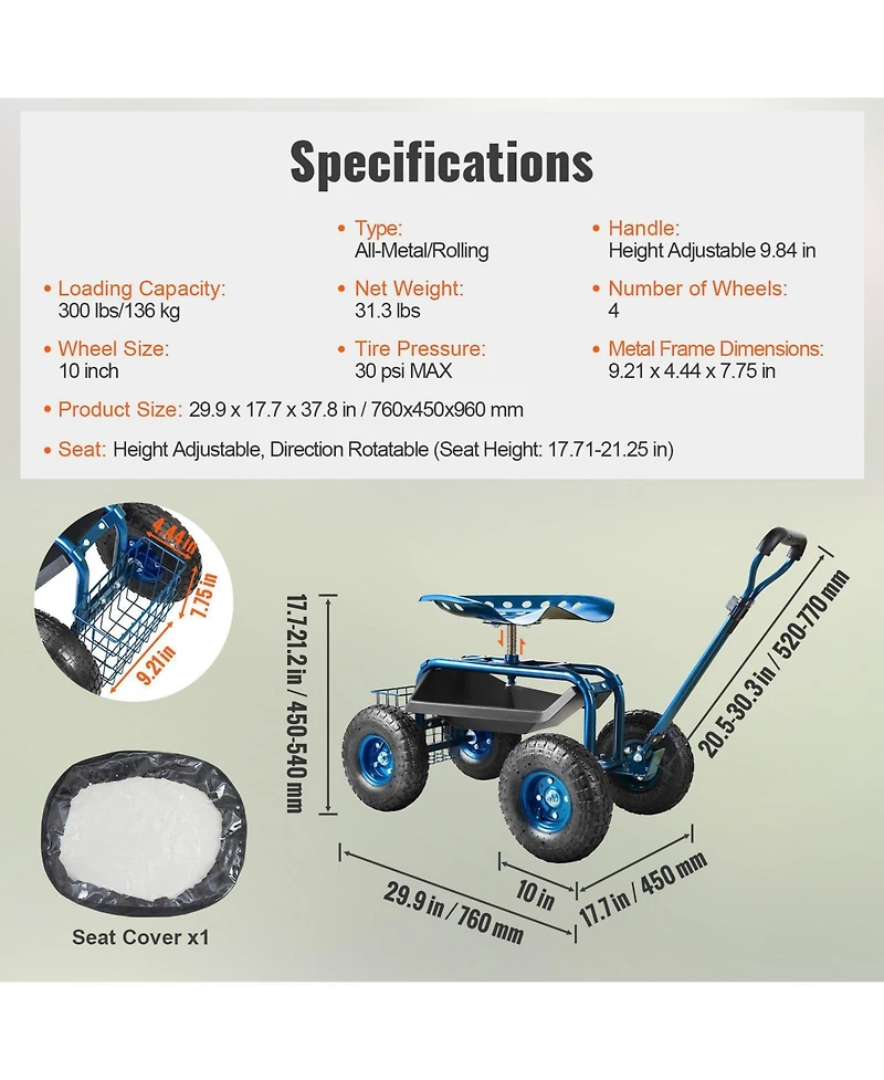 Slickblue Garden Scooter Cart with Wheels Swivel Seat Tool Tray and Handle for Outdoor Tasks