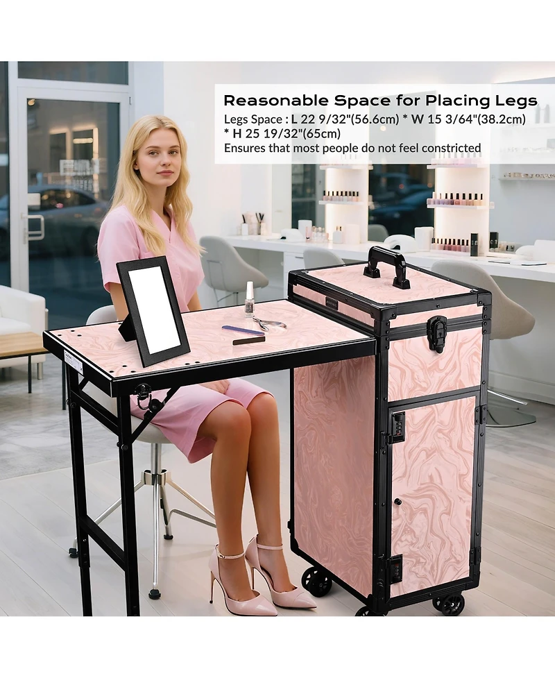 Byootique Rolling Cosmetic Case Nail Table Kit w/ 4 pcs Replacement Wheels Pink