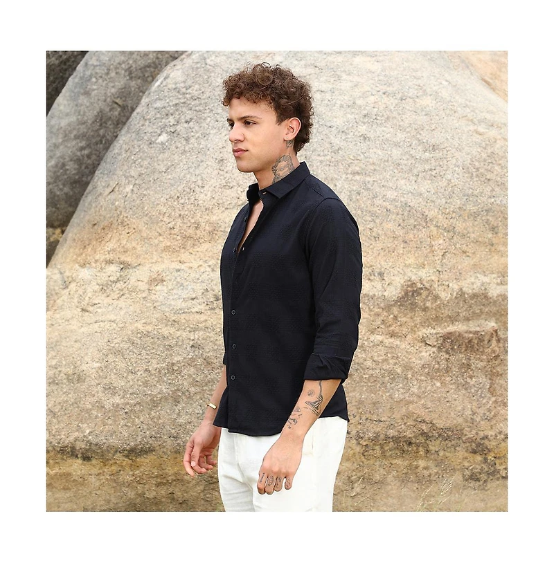 Campus Sutra Men's Midnight Black Hive-Checkered Shirt