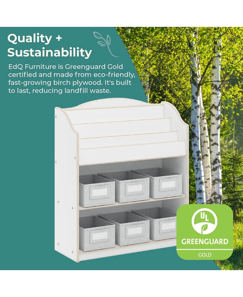 Guidecraft EdQ Book and Bin Browser - Natural: Children's Tall Wooden Bookshelf to Display Organize Kids' Books Playroom