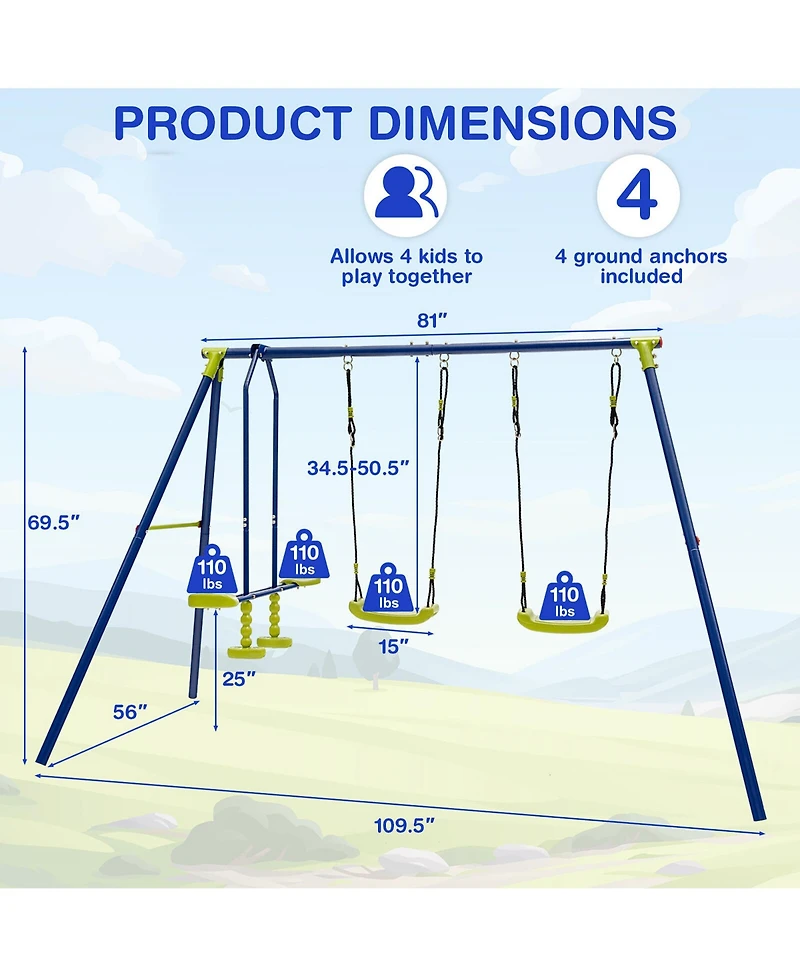 Gymax 440 lbs Swing Set 2-in-1 Kids Swing Stand w/ Two Swings & One Glider for Backyard