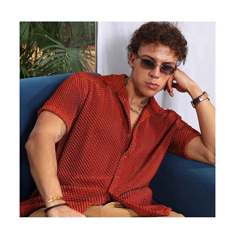 Campus Sutra Men's Terracotta Brown Puffy-Textured Shirt