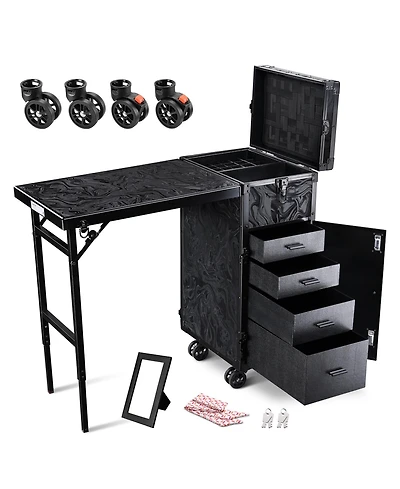 Byootique Rolling Makeup Case Nail Table with 4 pcs Replacement Wheels Black