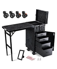 Byootique Rolling Makeup Case Nail Table with 4 pcs Replacement Wheels Black
