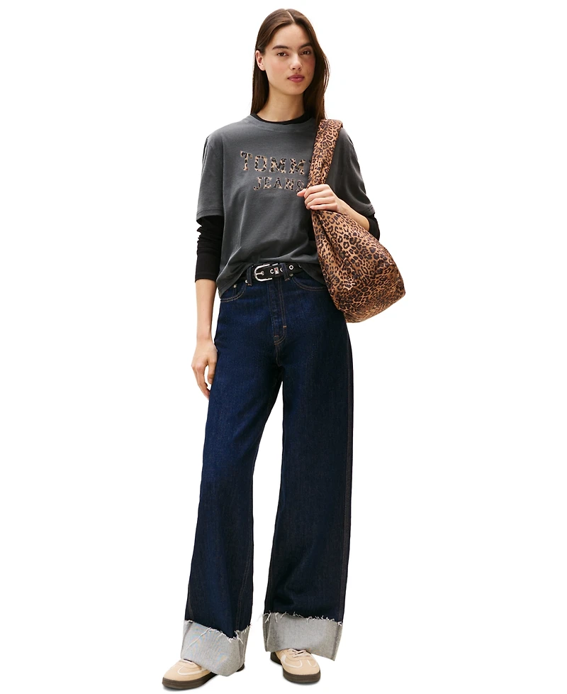Tommy Jeans Women's Cotton Leopard-Print Logo Varsity T-Shirt