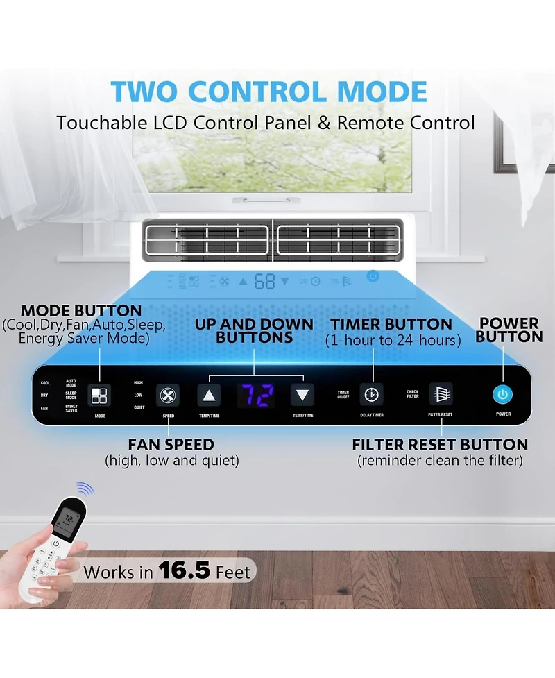 Zafro 12,000 Btu Window Ac Quiet Energy Efficient Cools up to 550 SqFt 6 in 1 Modes 3 Fan Speeds Remote Control Touch Panel for Home or Office