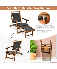 Gymax Folding Patio Acacia Wood Deck Chair Rattan Chaise Lounge Chair w/ Footrest