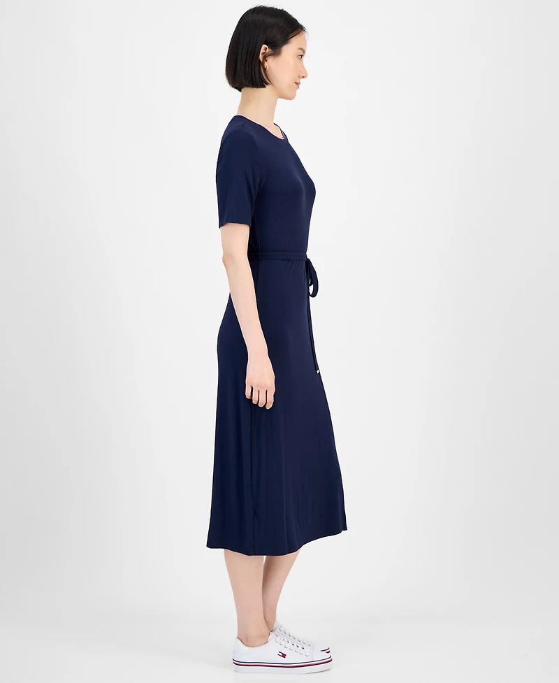 Tommy Hilfiger Women's Ribbed Belted Short-Sleeve Midi Dress