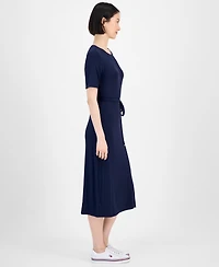 Tommy Hilfiger Women's Ribbed Belted Short-Sleeve Midi Dress