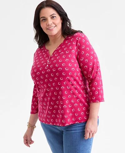 Style & Co Plus Printed 3/4-Sleeve Henley Top, Macy's Exclusive