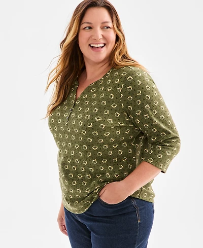 Style & Co Plus Size Printed 3/4-Sleeve Henley Top, Macy's Exclusive