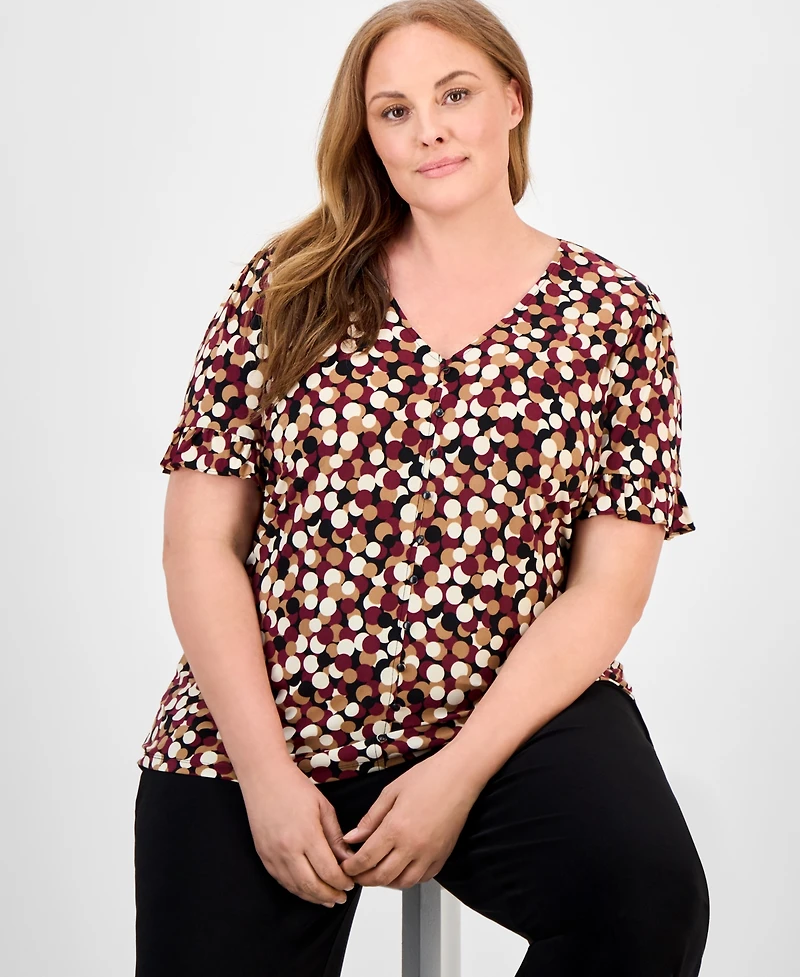 Ak Anne Klein Plus Dot-Print Short-Sleeve Button-Up Top