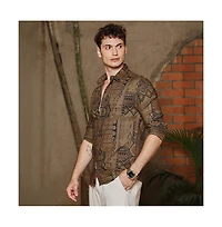 Campus Sutra Men's Peanut Brown Aztec-Imprint Shirt