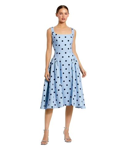 Mac Duggal Women's Polka Dot A-Line Midi Dress with Square Neck and Ruffle Gussets