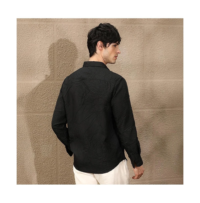 Campus Sutra Men's Onyx Black Foliage-Tactile Shirt