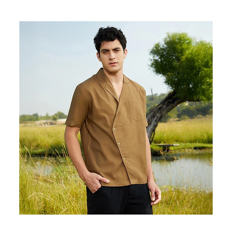 Campus Sutra Men's Camel Brown Asymmetrical Cuban Shirt