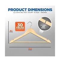 30 Pcs. of Solid Wooden Hangers for Clothes - Heavy Duty Suit Hanger Set with Chrome 360° Swivel Hook Hangers (Natural Color)