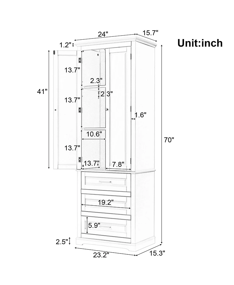 Casainc 70"H Tall Storage Cabinet with 3 Drawers for Bathroom or Office Use