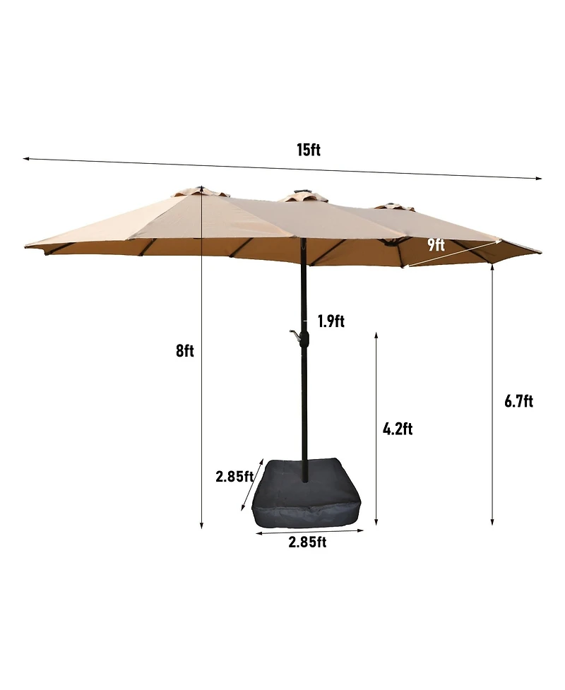 Flynama15x9ft Large Double-Sided Rectangular Outdoor Twin Patio Market Umbrella with light and base- taupe