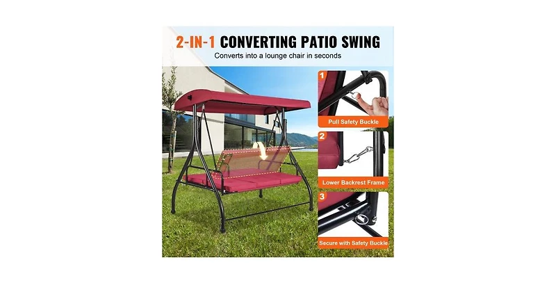 Slickblue 3-Seat Patio Swing Chair with Adjustable Canopy Removable Cushion and Steel Frame