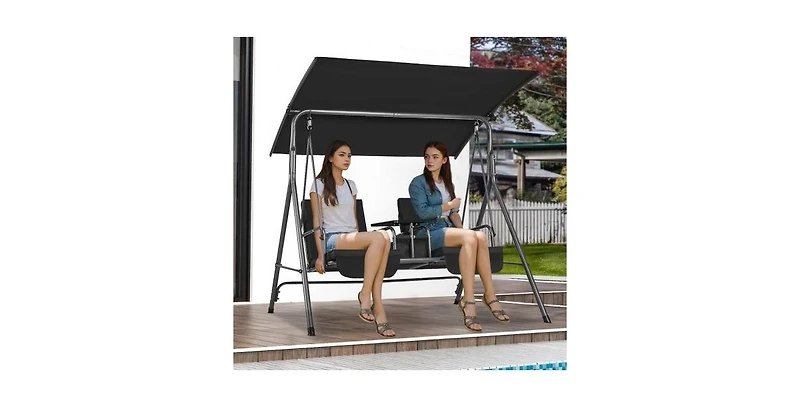 Slickblue Outdoor 2-Seat Patio Swing Chair with Adjustable Canopy Storage Bag and Tray