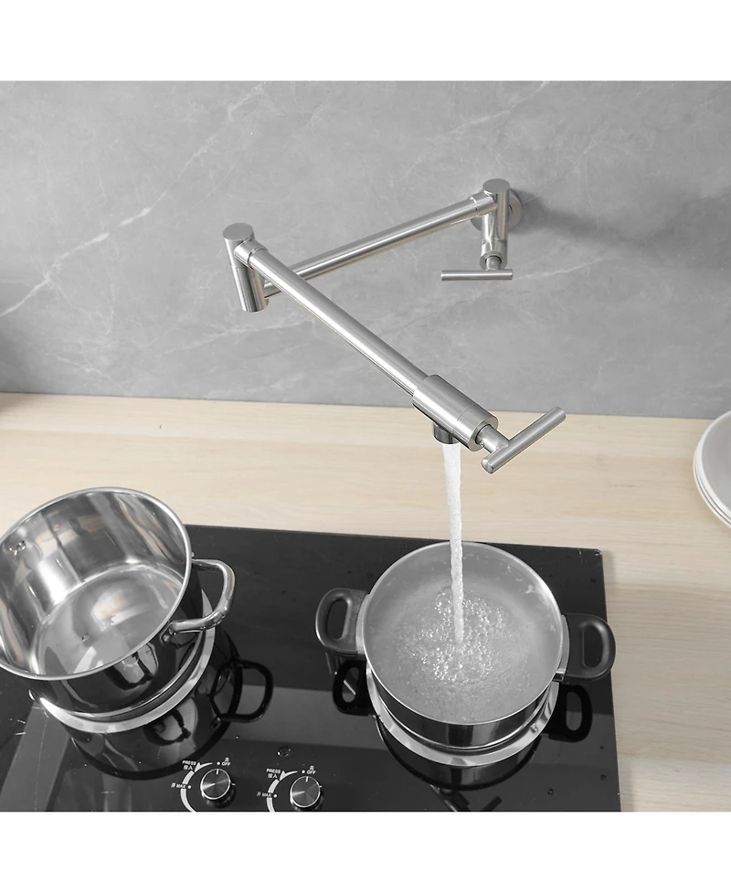 Greenspring Wall Mount Pot Filler Faucet Double-Handle Folding Kitchen Restaurant Sink with Dual Joint Swing Arm Commercial Gold