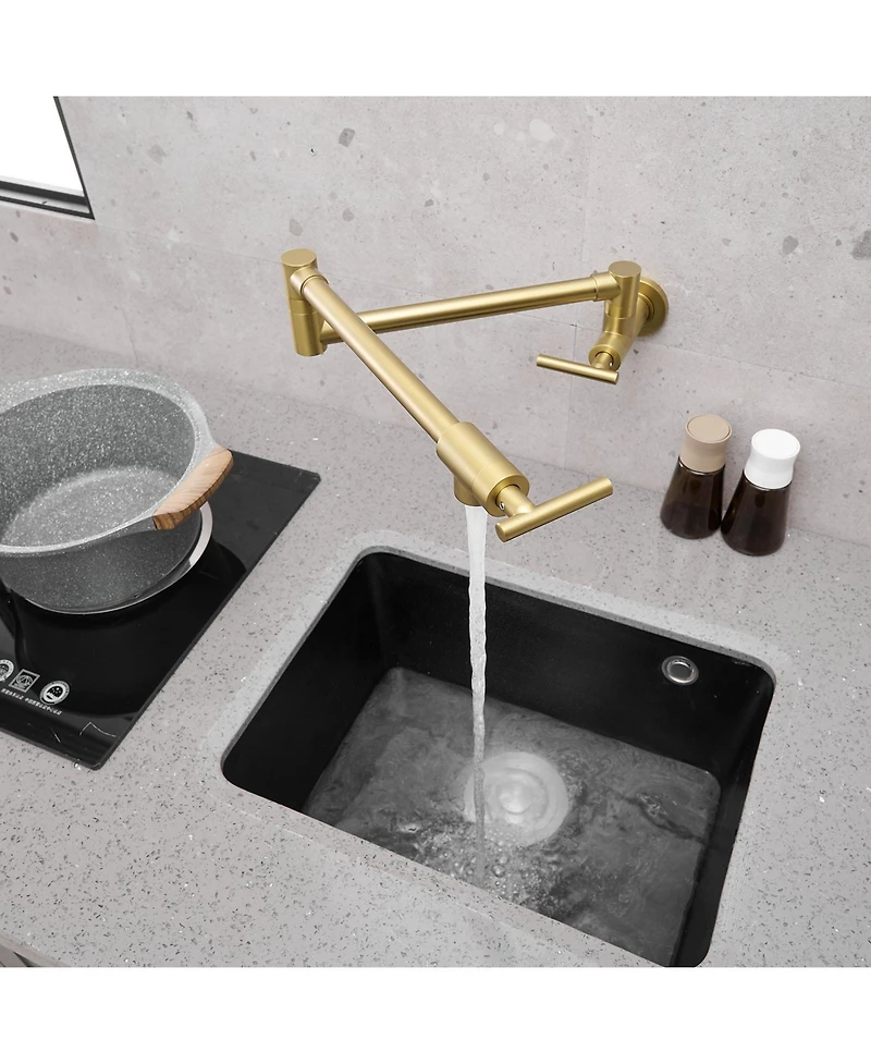 Greenspring Wall Mount Pot Filler Faucet Double-Handle Folding Kitchen Restaurant Sink with Dual Joint Swing Arm Commercial Gold