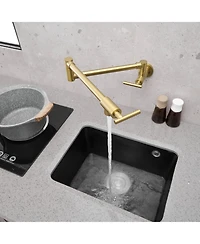 Greenspring Wall Mount Pot Filler Faucet Double-Handle Folding Kitchen Restaurant Sink with Dual Joint Swing Arm Commercial Gold