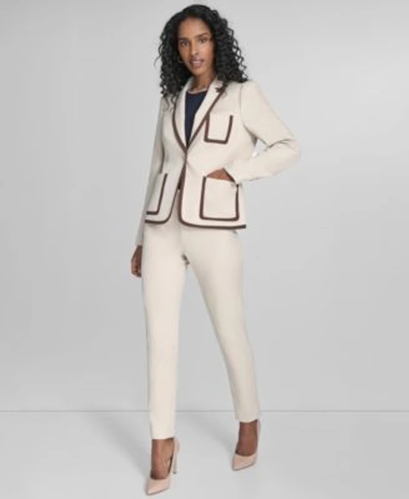 Tommy Hilfiger Womens Contrast Trim One Button Blazer Short Sleeve Crewneck Pocket T Shirt Mid Rise Slim Fit Ankle Pants