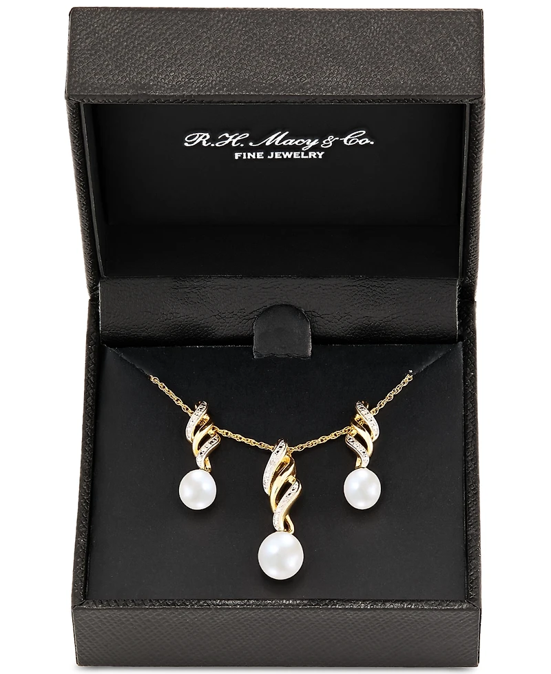 2-Pc. Set Cultured Freshwater Pearl (6 & 7mm) & Diamond Accent Swirl Pendant Necklace & Matching Drop Earrings in 14k Gold-Plated Sterling Silver