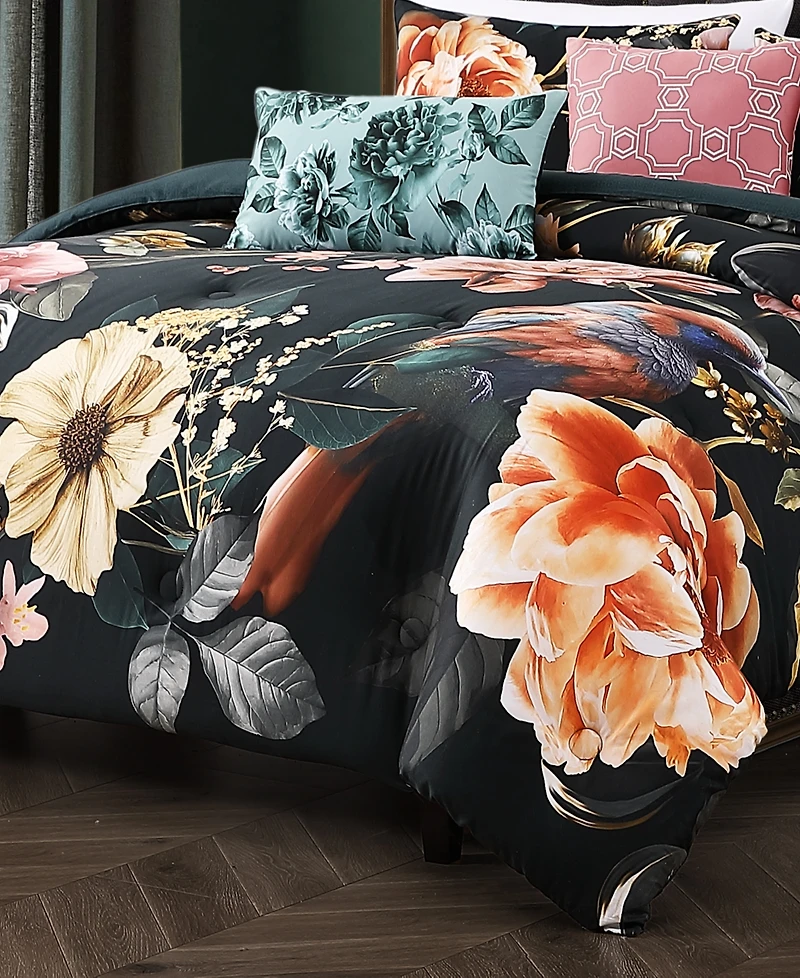 Bebejan Botanical Birds Bedding 200 Thread Count 100% Cotton Sateen 5 Piece King Size Reversible Comforter Set