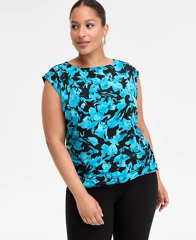 I.n.c. International Concepts Plus Printed Boat Neck Cap Sleeve Top, Macy's Exclusive