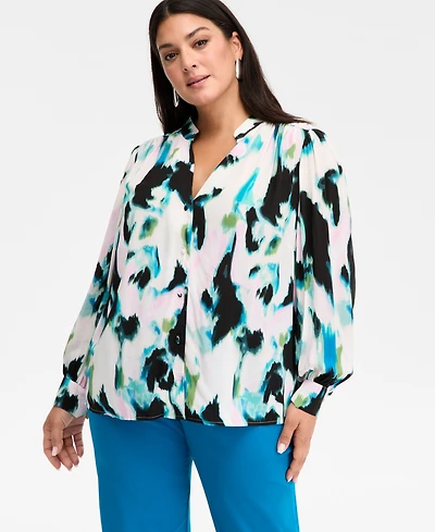 I.n.c. International Concepts Plus Printed Pleated V-Neck Blouse, Macy's Exclusive