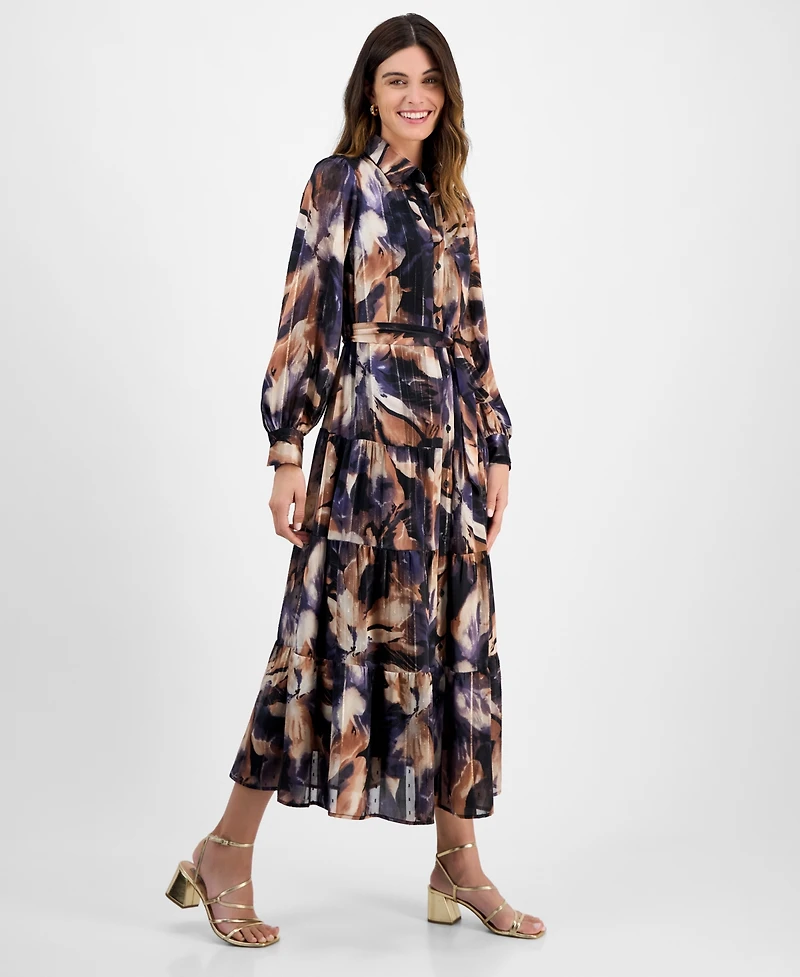 Robbie Bee Women's Tiered Floral-Print Shirtdress