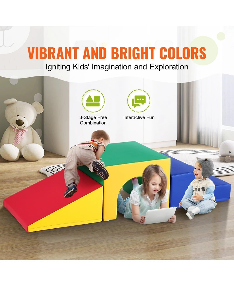 Slickblue Toddler 3 Piece Foam Tunnel Climber Set with Ramp and Stairs Indoor Play