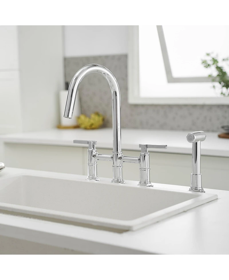 Greenspring Double Handle 4-Holes Deck Mount Bridge Kitchen Faucet with Side Sprayer Sink Faucet 360 Swivel Spout in Polished Chrome