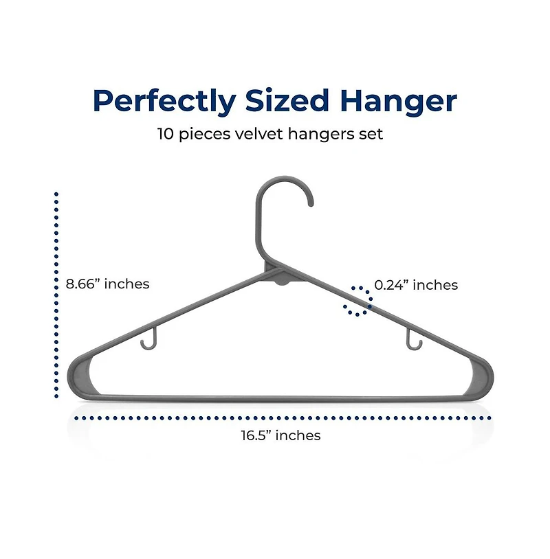 SereneLife 10 Pcs. Plastic Hangers - Non-Slip, Sturdy, and Heavy Duty Coat Set with 360° Swivel Hook for Clothes (Grey)