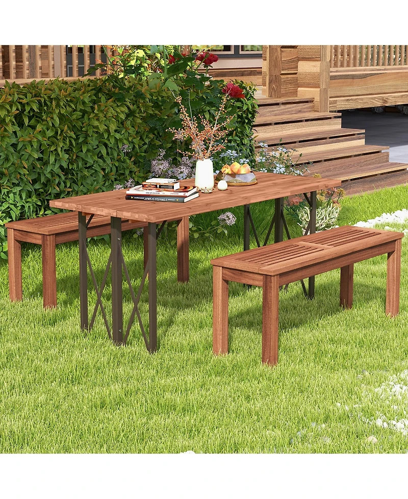 Gymax 2 Pieces 2-Person Outdoor Bench Patio Bench w/ Slatted Seat Weather Resistant Solid Wood Frame