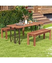 Gymax 2 Pieces 2-Person Outdoor Bench Patio Bench w/ Slatted Seat Weather Resistant Solid Wood Frame
