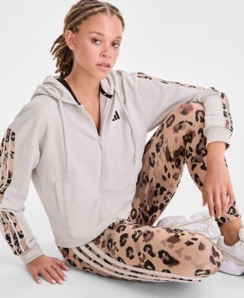 Adidas Womens Animal Print 3 Stripe French Terry Zip Hoodie Leopard Print High Rise Leggings