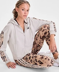 Adidas Womens Animal Print 3 Stripe French Terry Zip Hoodie Leopard Print High Rise Leggings