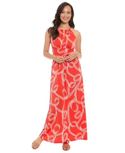 London Times Women's Printed Jersey Halter-Neck Maxi Dress