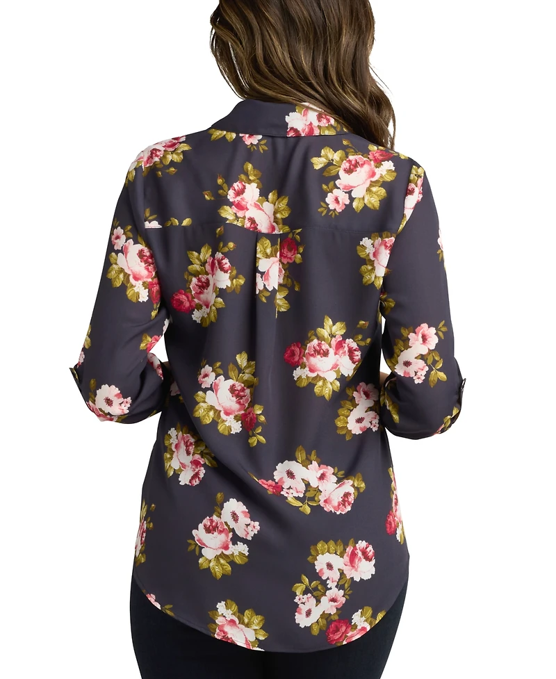Bcx Juniors' 3/4-Sleeve Printed Button-Front Blouse