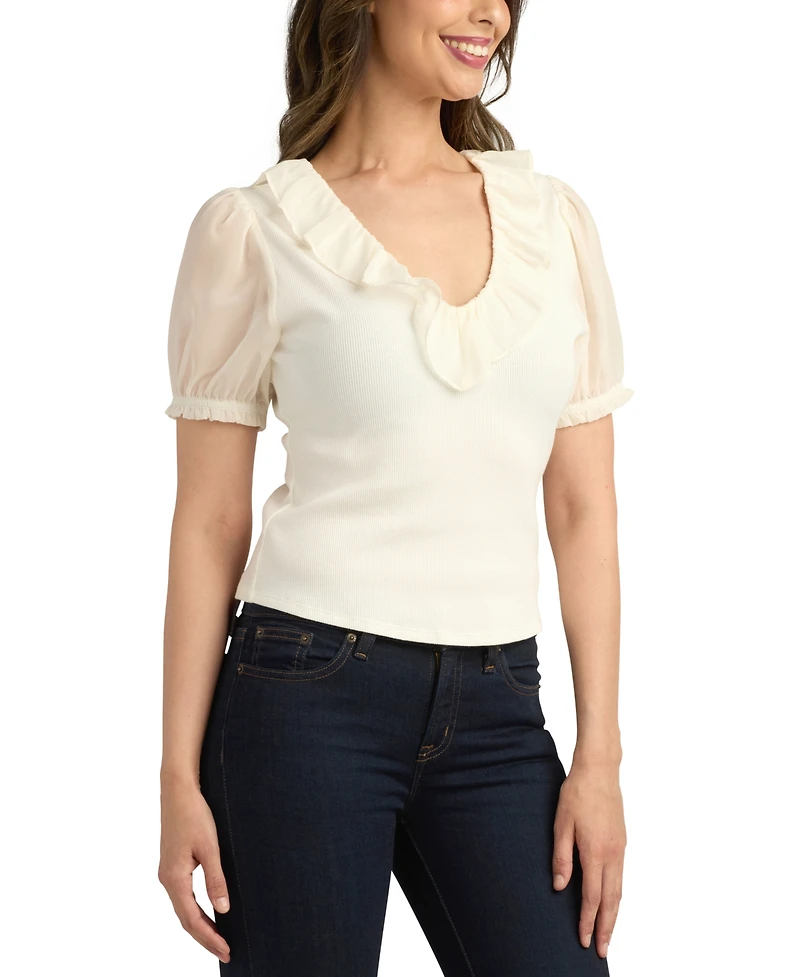 Bcx Juniors' Ribbed Puff-Sleeve Ruffle Top