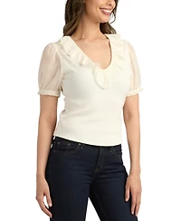 Bcx Juniors' Ribbed Puff-Sleeve Ruffle Top