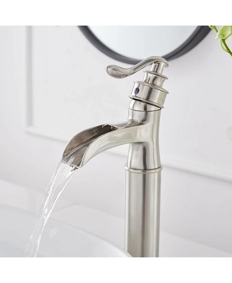 Waterfall Single Hole Handle Bathroom Vessel Sink Faucet With Pop Up Drain Matte Black