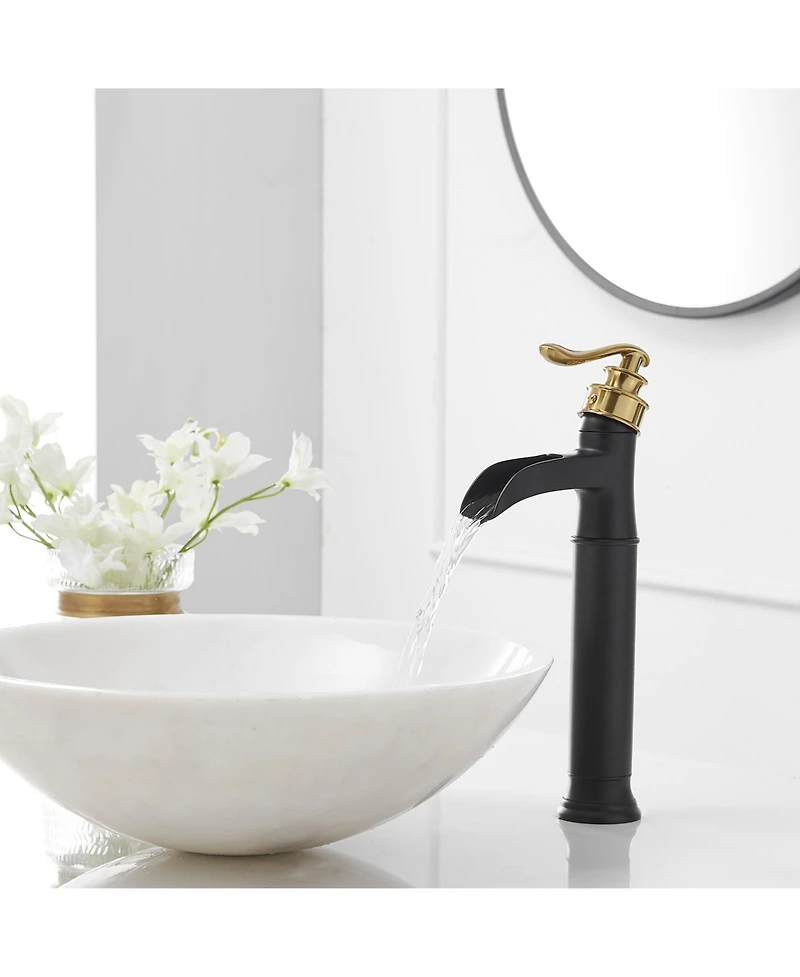 Waterfall Single Hole Handle Bathroom Vessel Sink Faucet With Pop Up Drain Matte Black