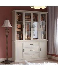 Homsee Modern gray white wood grain glass 6-door 3-drawer cabinet, storage cabinet, pantry